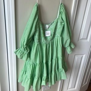 Vintage Charm - Playful Plaid Ruffle Mini Dress - Green - Medium
